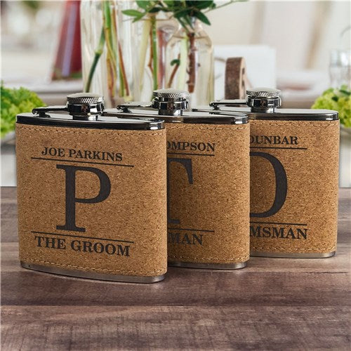 Engraved Groomsmen Cork Flask - Personalized with Name & Initial - Way Up Gifts