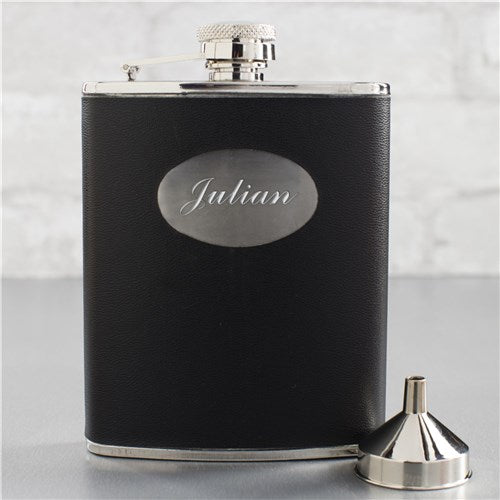 Black Leatherette Flask - Custom Engraved Groomsmen Gift - Way Up Gifts