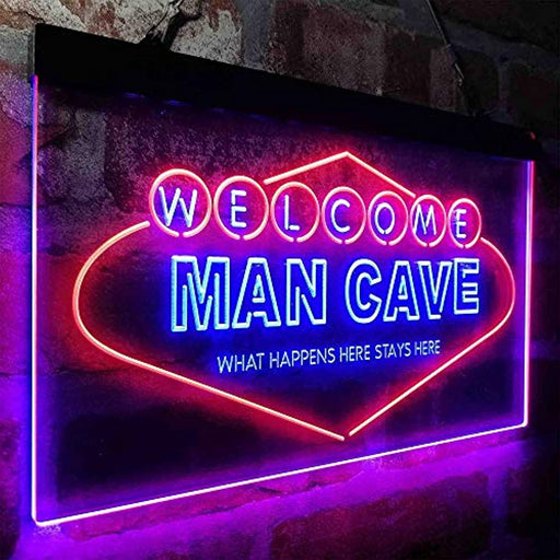 Man Cave Welcome What Happens Here Stays Here LED Neon Light Sign - Way Up Gifts