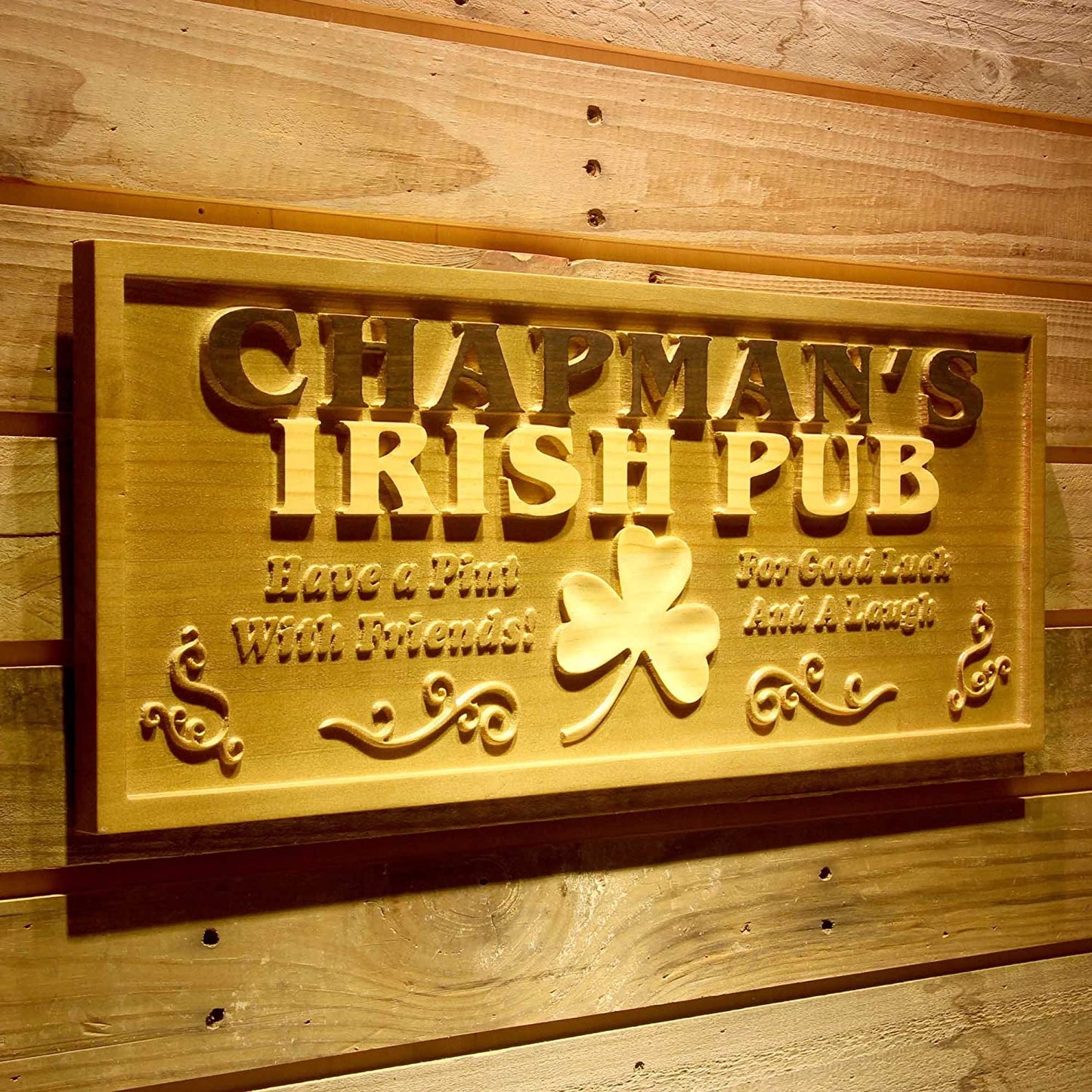 Personalized Irish Pub Shamrock Custom Wood Sign 3D Engraved Wall Plaque - Way Up Gifts