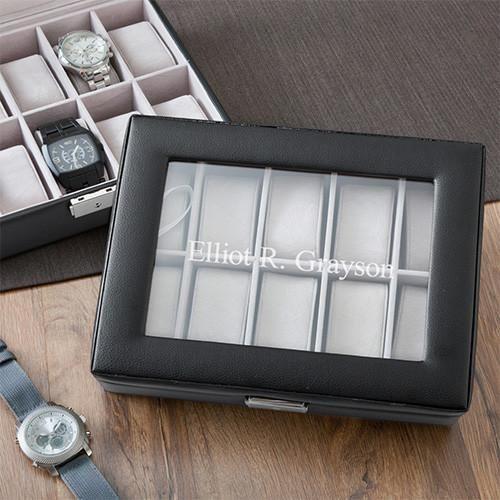 Personalized Men's Black Leather Watch Box with Glass Lid - Way Up Gifts