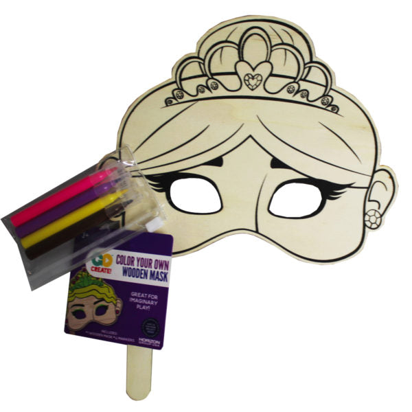 Horizon DIY Princess Wood Mask with Colored Markers (Bulk Qty of 24) - Way Up Gifts