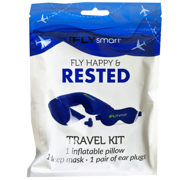 IFLY Smart Travel Rest Kit with Inflatable Pillow Eye Mask & Ear Plugs (Bulk Qty of 12) - Way Up Gifts