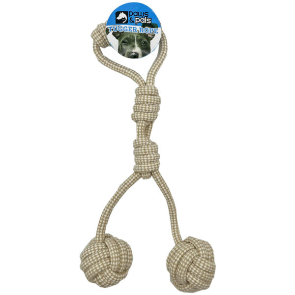 pet rope toy with two knots and handle in beige (Bulk Qty of 4) - Way Up Gifts
