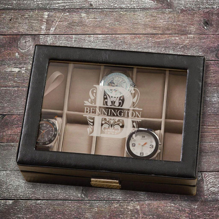 Personalized Men's Black Leather Watch Box with Glass Lid - Way Up Gifts