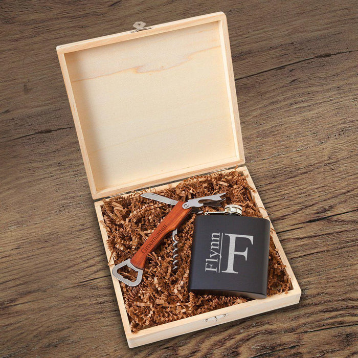 Personalized Irvine Groomsmen Flask Gift Box Set with Wine Multi Tool - Way Up Gifts