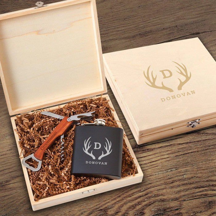 Personalized Irvine Groomsmen Flask Gift Box Set with Wine Multi Tool - Way Up Gifts