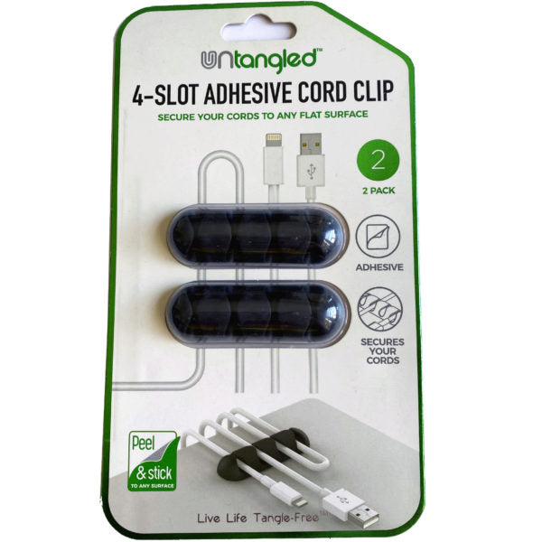 Untangled 2 Pack Black 4 Slot Adhesive Bar Cord Clip (Bulk Qty of 12) - Way Up Gifts