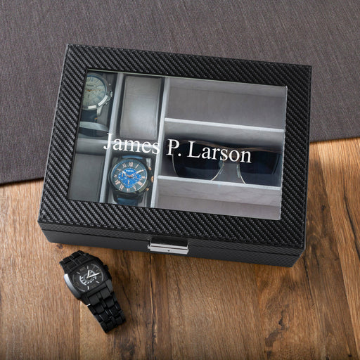 Personalized Carbon Fiber Men's Watch Box & Sunglasses Holder - Way Up Gifts