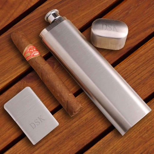 Engraved Cigar Holder & Flask and Lighter Gift Box - Way Up Gifts