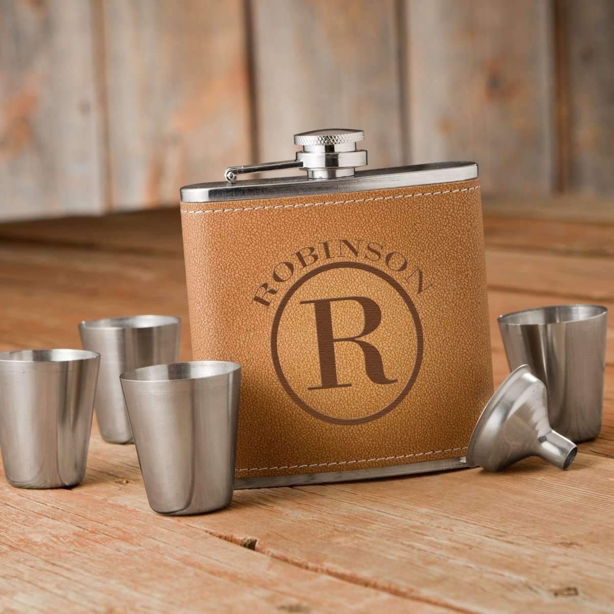 Engraved Durango Leather Hide Stitch Flask Gift Box w/ Shot Glasses - Way Up Gifts