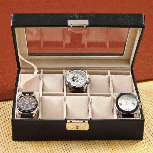 Personalized Men's Black Leather Watch Box with Glass Lid - Way Up Gifts