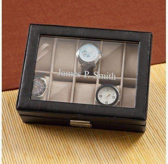 Personalized Men's Black Leather Watch Box with Glass Lid - Way Up Gifts