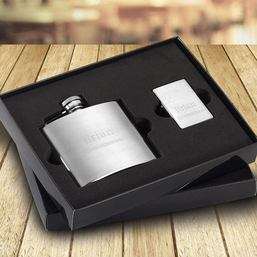 Engraved Brushed Flask and Lighter Gift Set - Way Up Gifts