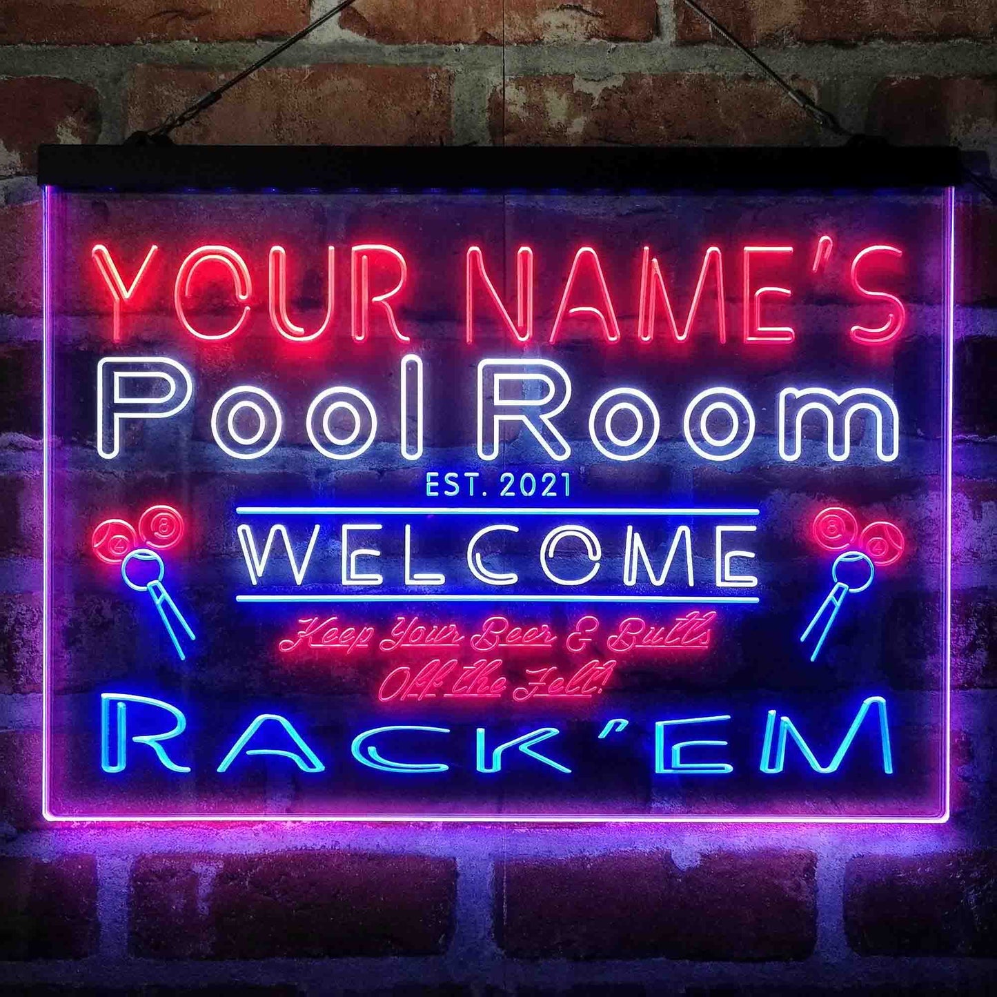 Personalized Pool Room Rack'em 3-Color LED Neon Light Sign - Way Up Gifts