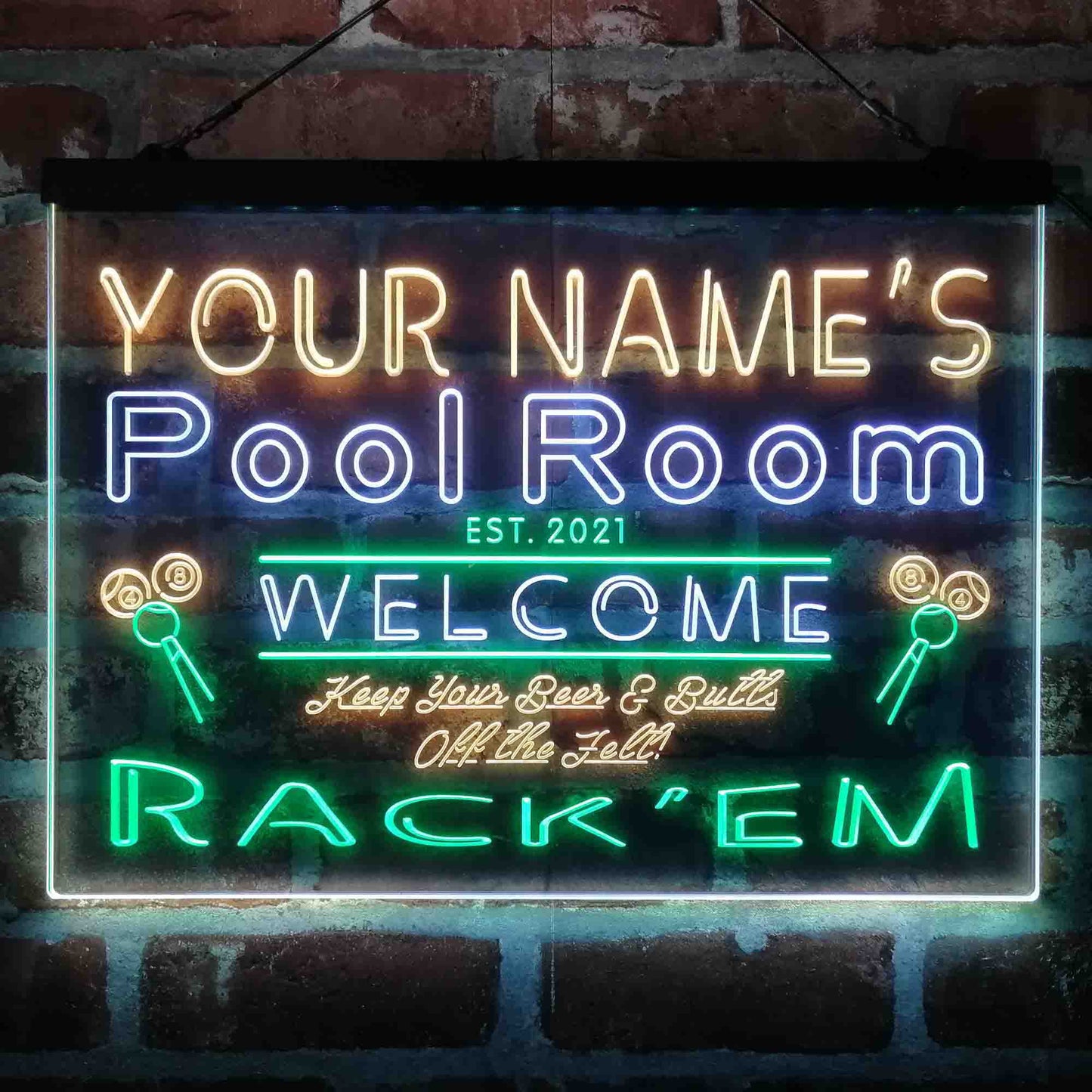 Personalized Pool Room Rack'em 3-Color LED Neon Light Sign - Way Up Gifts