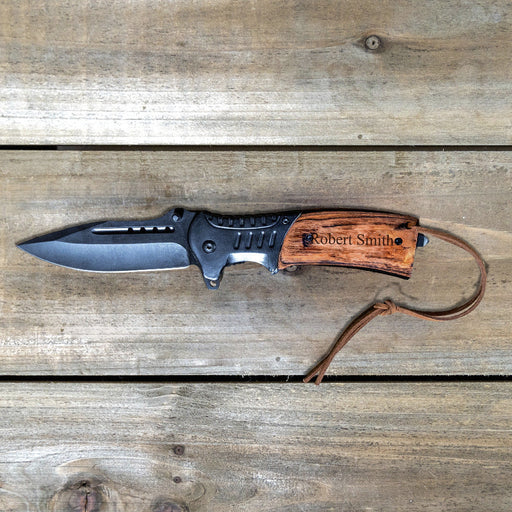 Personalized Wood Handle Hunting Knife With Wrist Lanyard - Way Up Gifts