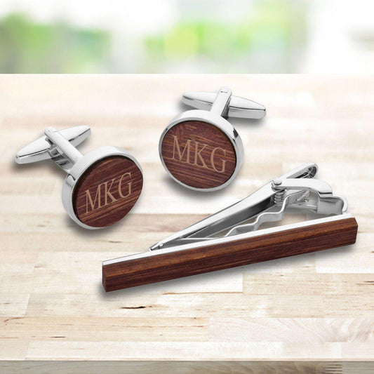 Engraved Walnut Cufflinks and Tie Set for Men - Way Up Gifts